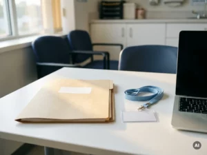 Verzegelde medische map op wit bureau naast laptop, met blauw beveiligingsbadge-koord, in rustige klinische omgeving.